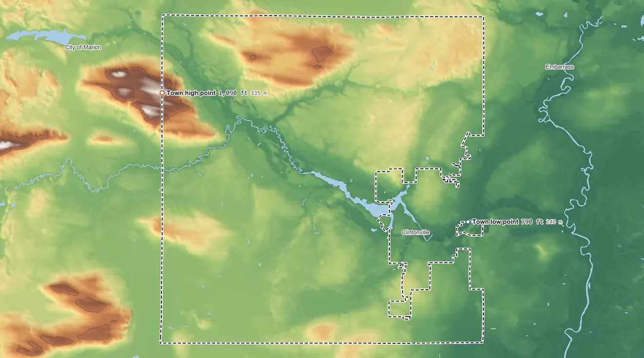 Topographic elevation map of Larrabee, Wisconsin, shaded from 790 ft on the southeast side to 1,090 ft on the west side
