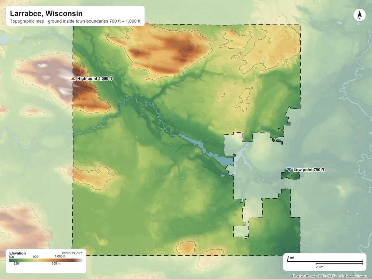 Topographic elevation map of Larrabee, Wisconsin, shaded from 790 ft on the southeast side to 1,090 ft on the west side
