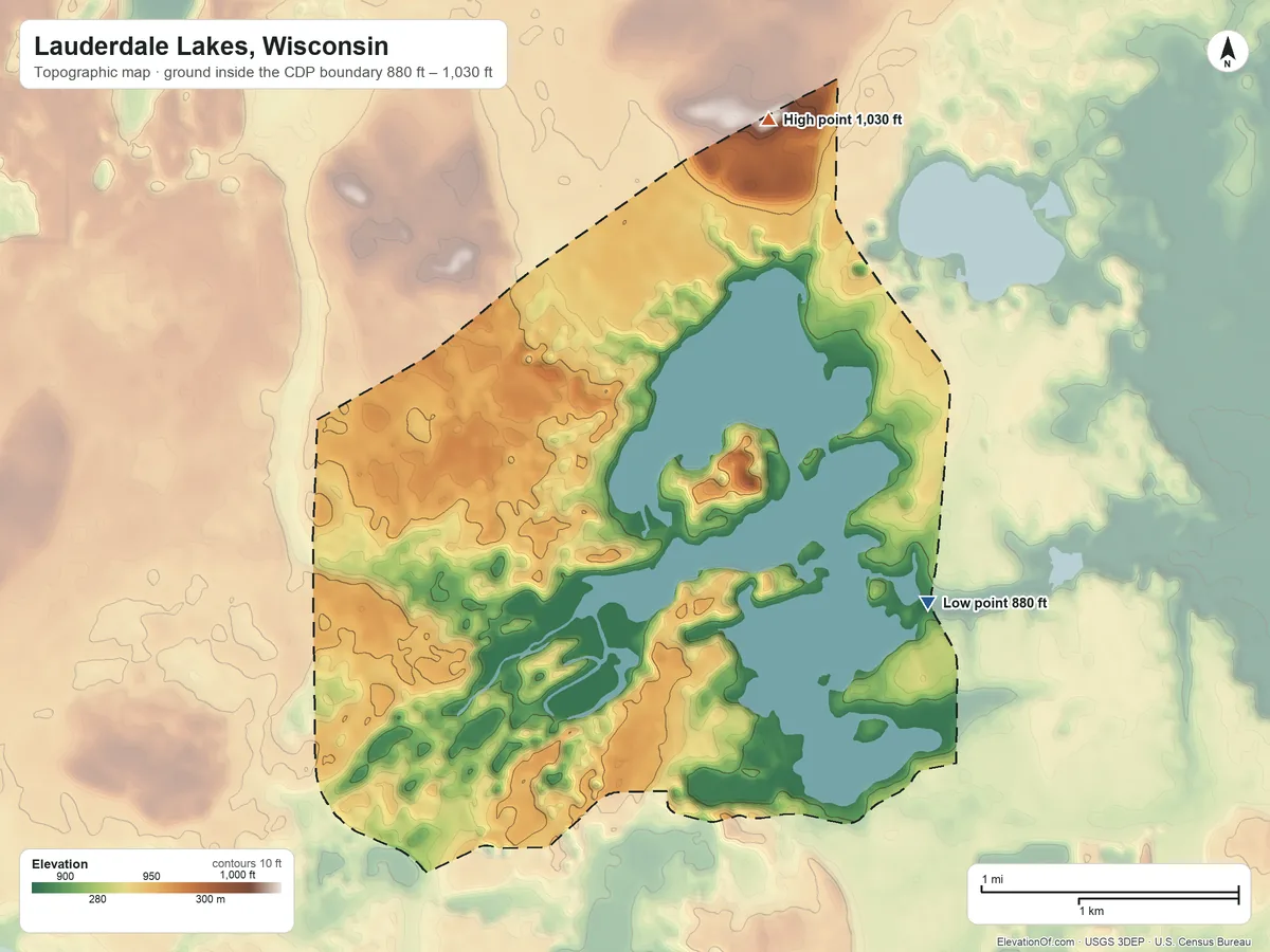 Topographic elevation map of Lauderdale Lakes, Wisconsin, shaded from 880 ft on the east side to 1,030 ft on the north side