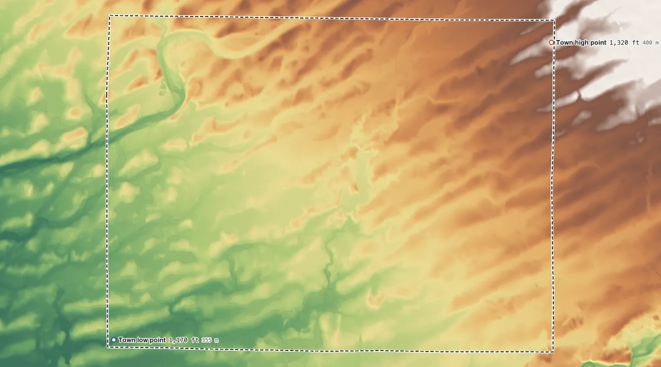 Topographic elevation map of Lawrence, Rusk County, Wisconsin, shaded from 1,170 ft on the southwest side to 1,320 ft on the east side