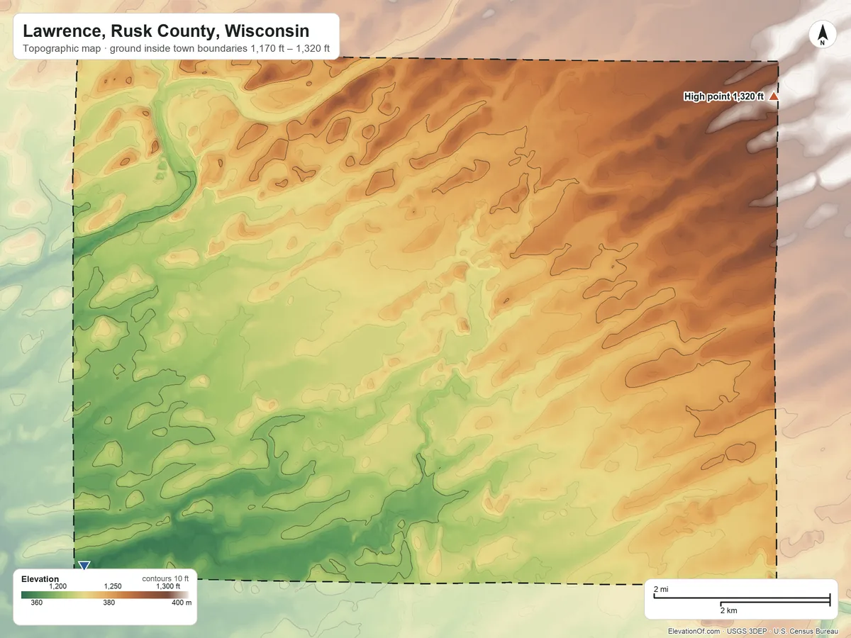 Topographic elevation map of Lawrence, Rusk County, Wisconsin, shaded from 1,170 ft on the southwest side to 1,320 ft on the east side