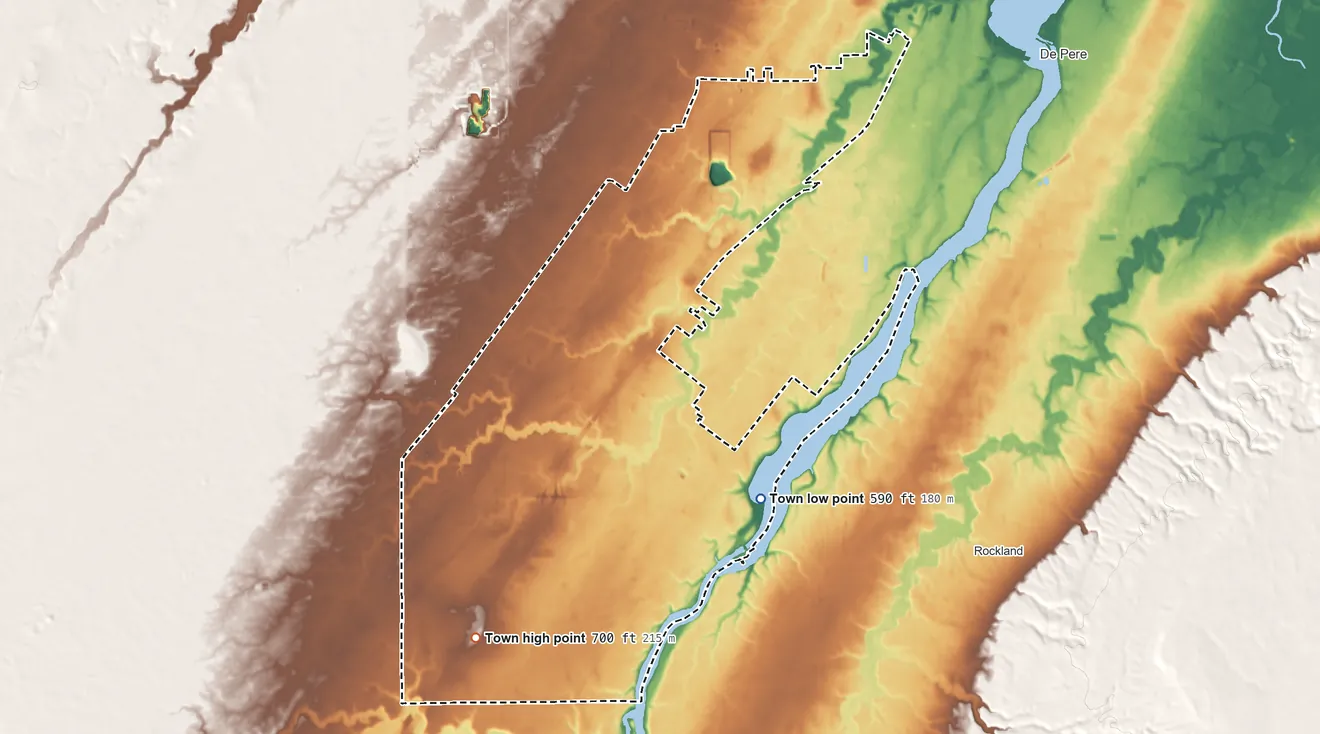 Topographic elevation map of Lawrence, Wisconsin, shaded from 590 ft on the south side to 700 ft on the southwest side