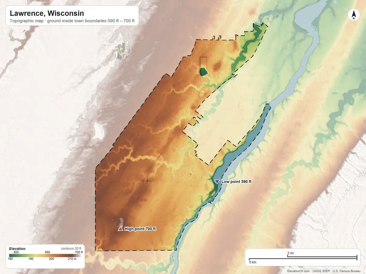 Topographic elevation map of Lawrence, Wisconsin, shaded from 590 ft on the south side to 700 ft on the southwest side