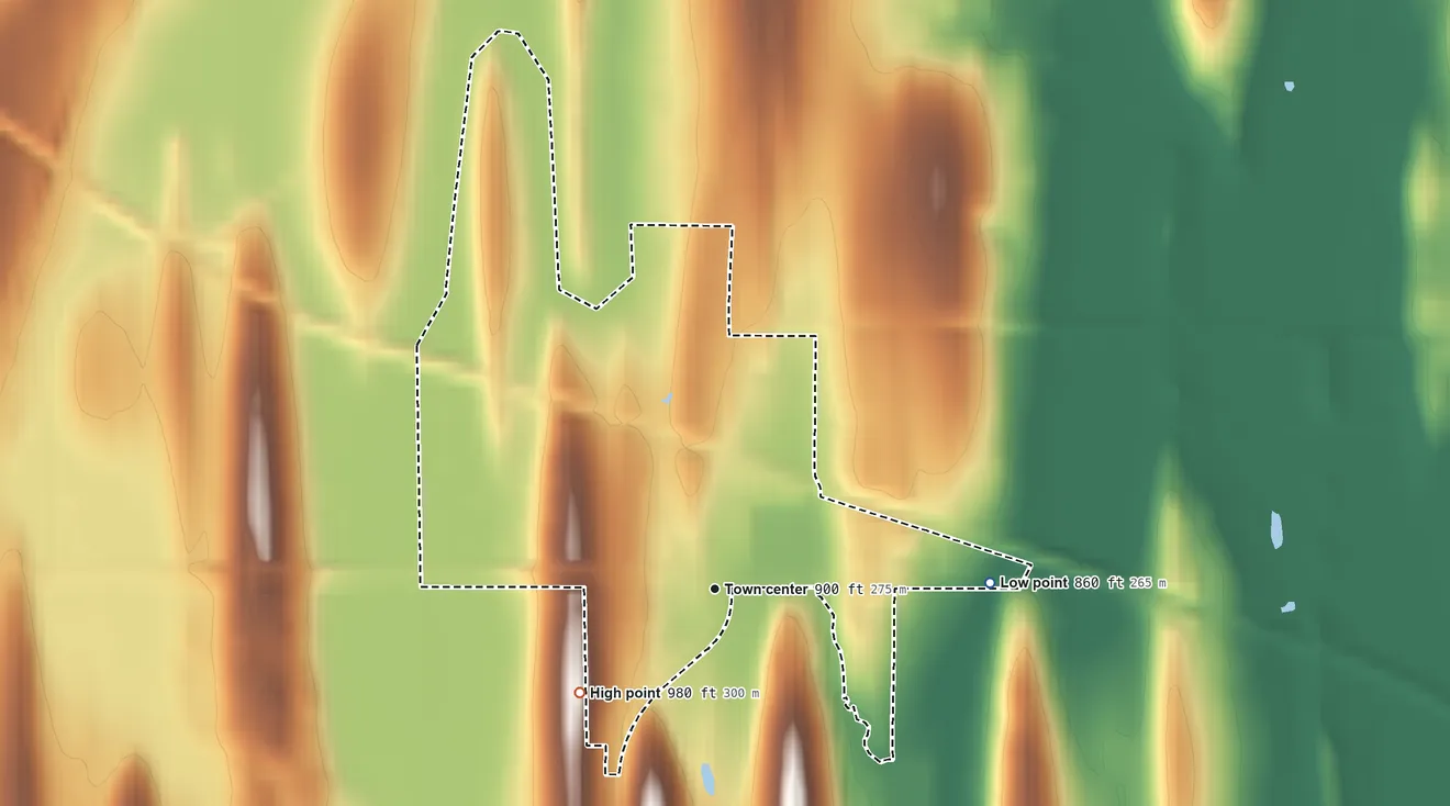 Topographic elevation map of Lebanon, Dodge County, Wisconsin, shaded from 860 ft on the east side to 980 ft on the southwest side