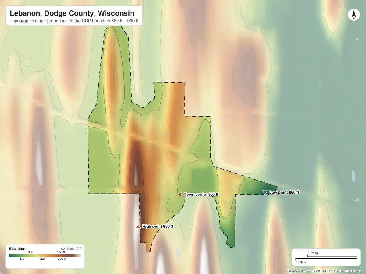 Topographic elevation map of Lebanon, Dodge County, Wisconsin, shaded from 860 ft on the east side to 980 ft on the southwest side