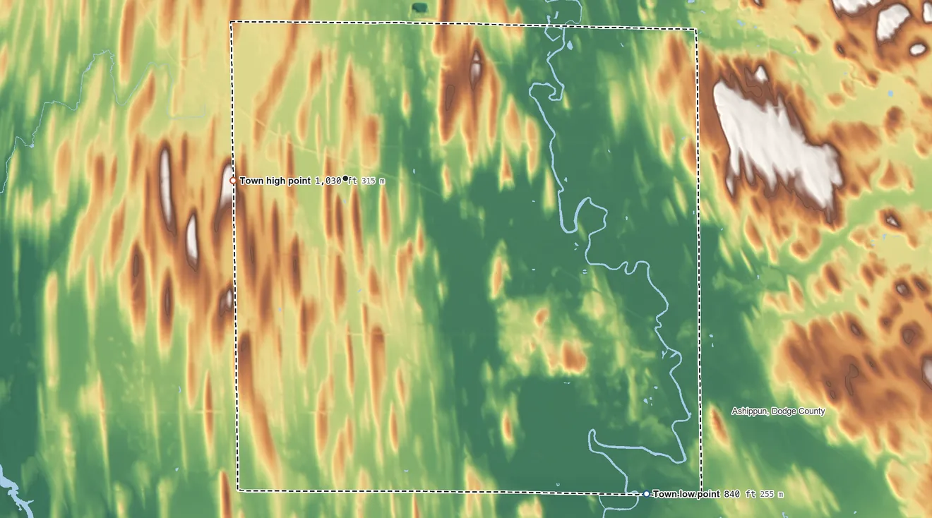 Topographic elevation map of Lebanon, Dodge County, Wisconsin, shaded from 840 ft on the southeast side to 1,030 ft on the west side