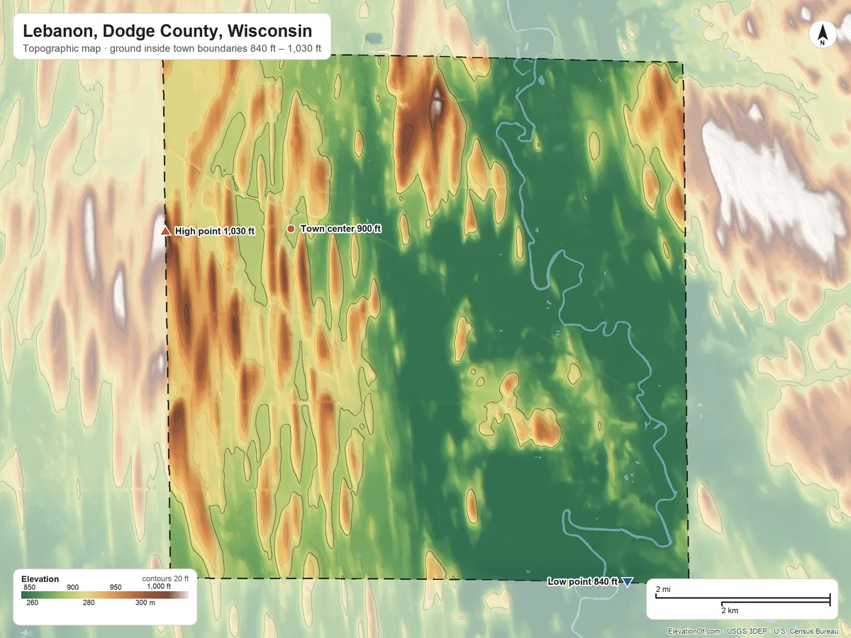 Topographic elevation map of Lebanon, Dodge County, Wisconsin, shaded from 840 ft on the southeast side to 1,030 ft on the west side