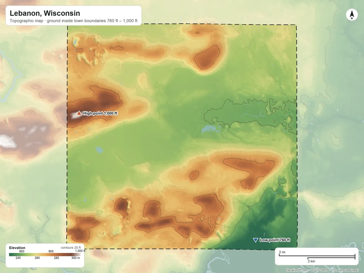 Topographic elevation map of Lebanon, Wisconsin, shaded from 760 ft on the southeast side to 1,000 ft on the west side