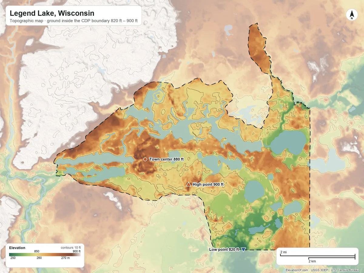 Topographic elevation map of Legend Lake, Wisconsin, shaded from 820 ft on the southeast side to 900 ft on the southeast side