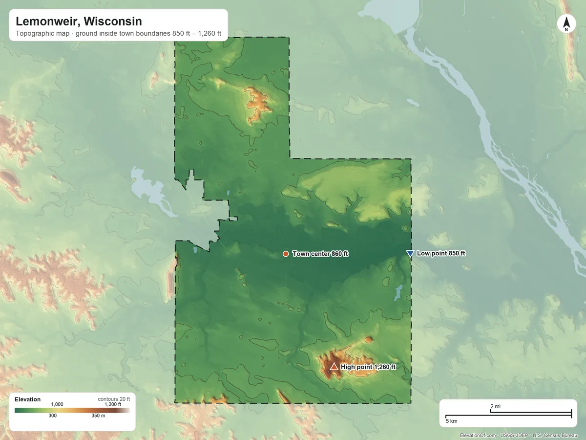 Topographic elevation map of Lemonweir, Wisconsin, shaded from 850 ft on the east side to 1,260 ft on the southeast side
