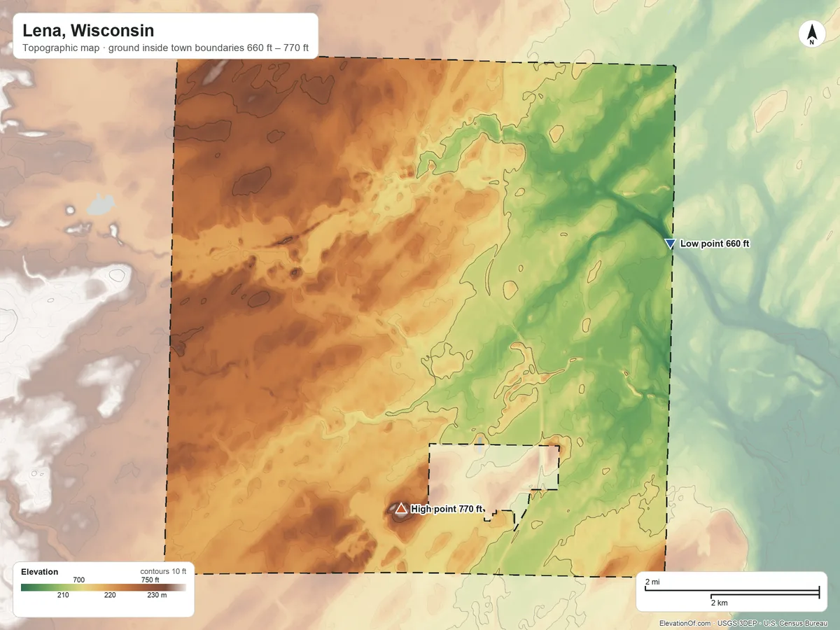Topographic elevation map of Lena, Wisconsin, shaded from 660 ft on the northeast side to 770 ft on the south side