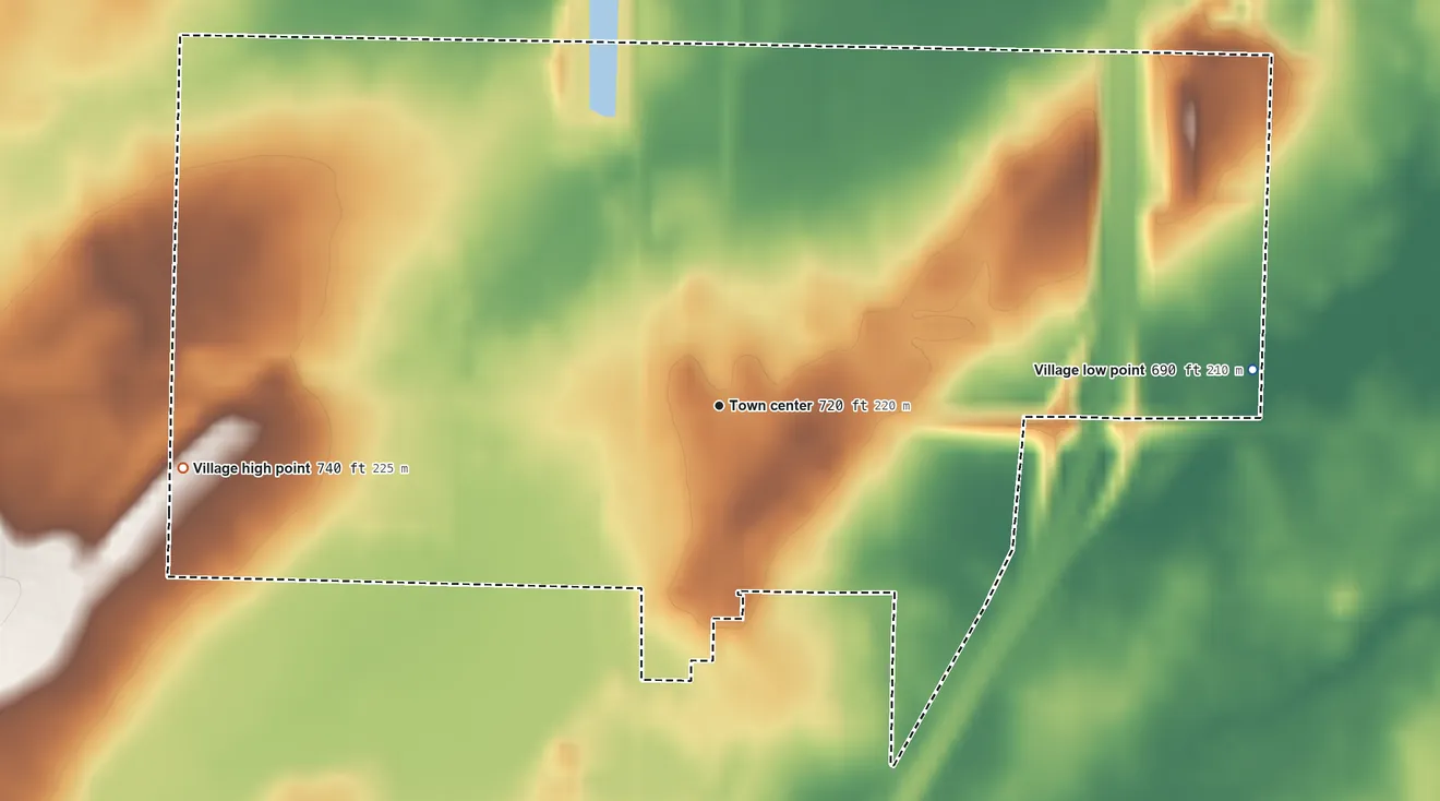 Topographic elevation map of Village of Lena, Wisconsin, shaded from 690 ft on the east side to 740 ft on the west side