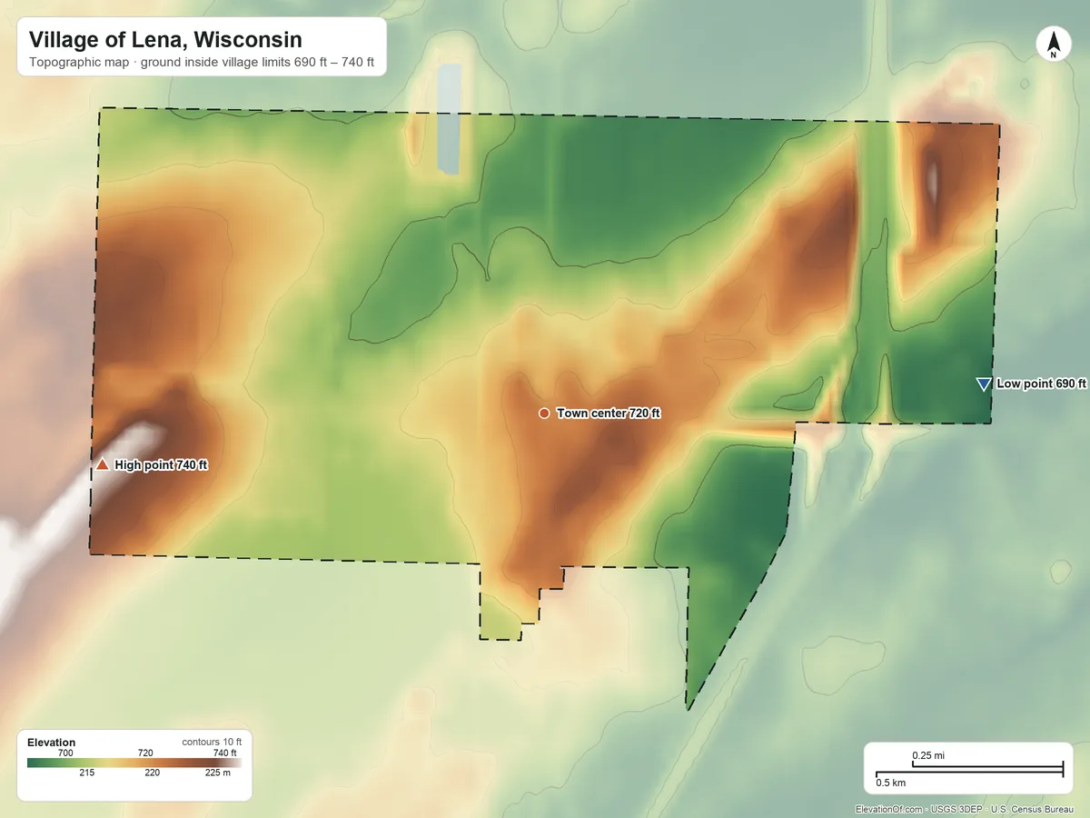 Topographic elevation map of Village of Lena, Wisconsin, shaded from 690 ft on the east side to 740 ft on the west side