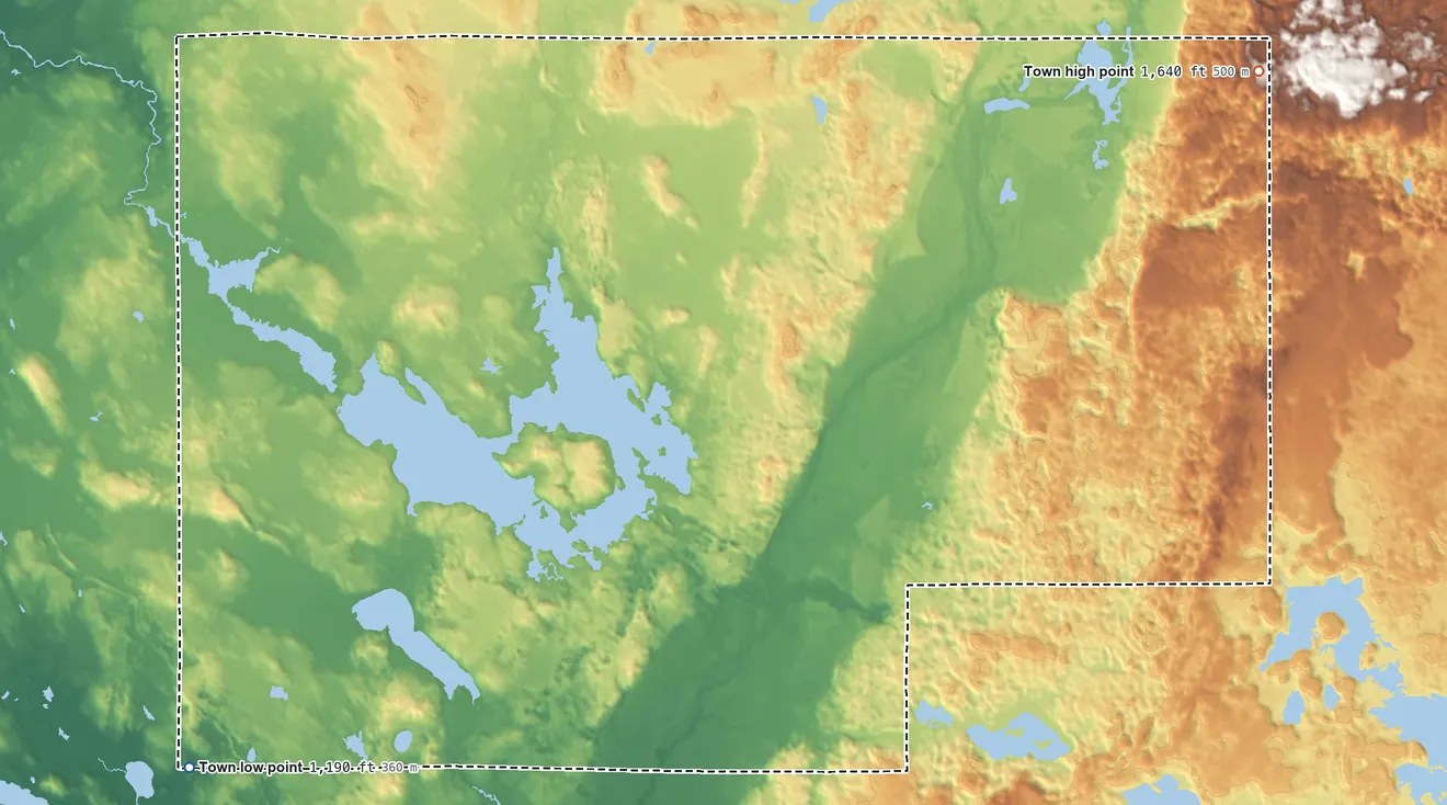 Topographic elevation map of Lenroot, Wisconsin, shaded from 1,190 ft on the southwest side to 1,640 ft on the northeast side