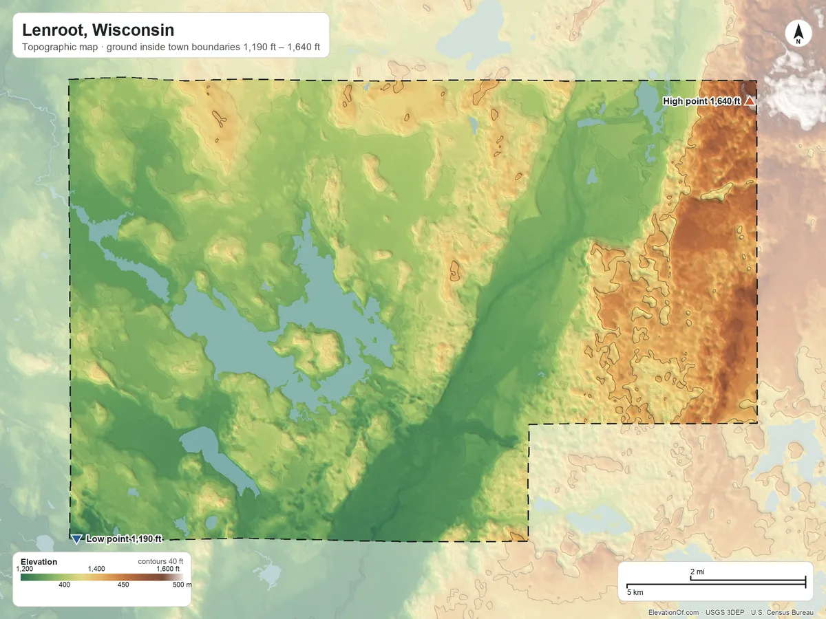 Topographic elevation map of Lenroot, Wisconsin, shaded from 1,190 ft on the southwest side to 1,640 ft on the northeast side