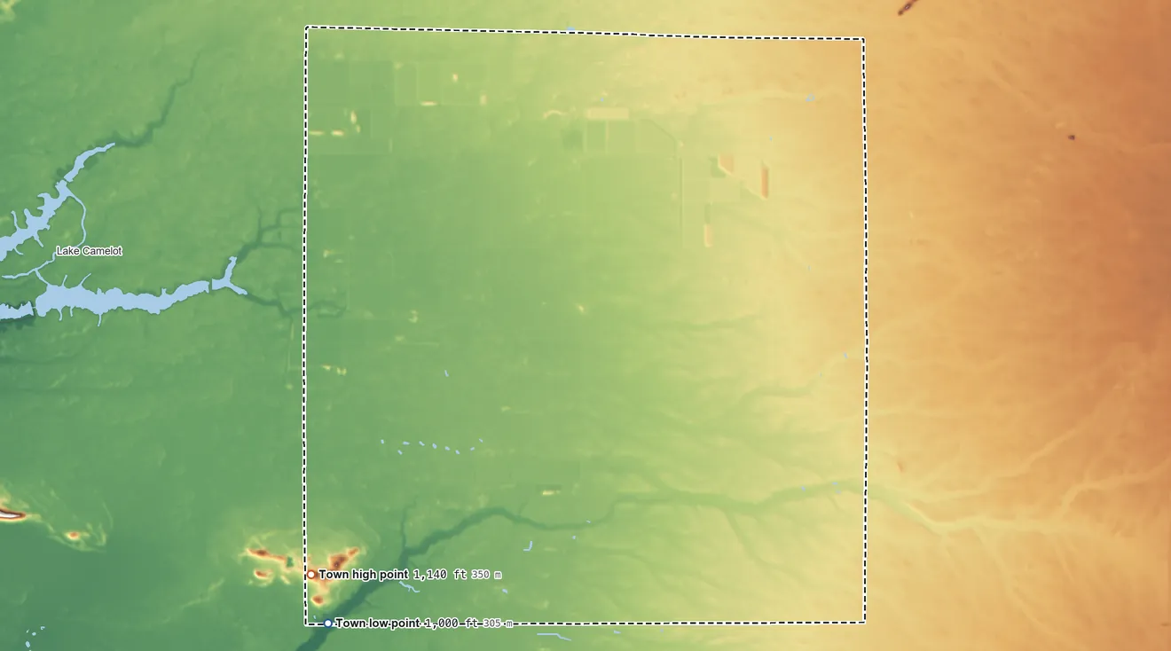 Topographic elevation map of Leola, Wisconsin, shaded from 1,000 ft on the southwest side to 1,140 ft on the southwest side