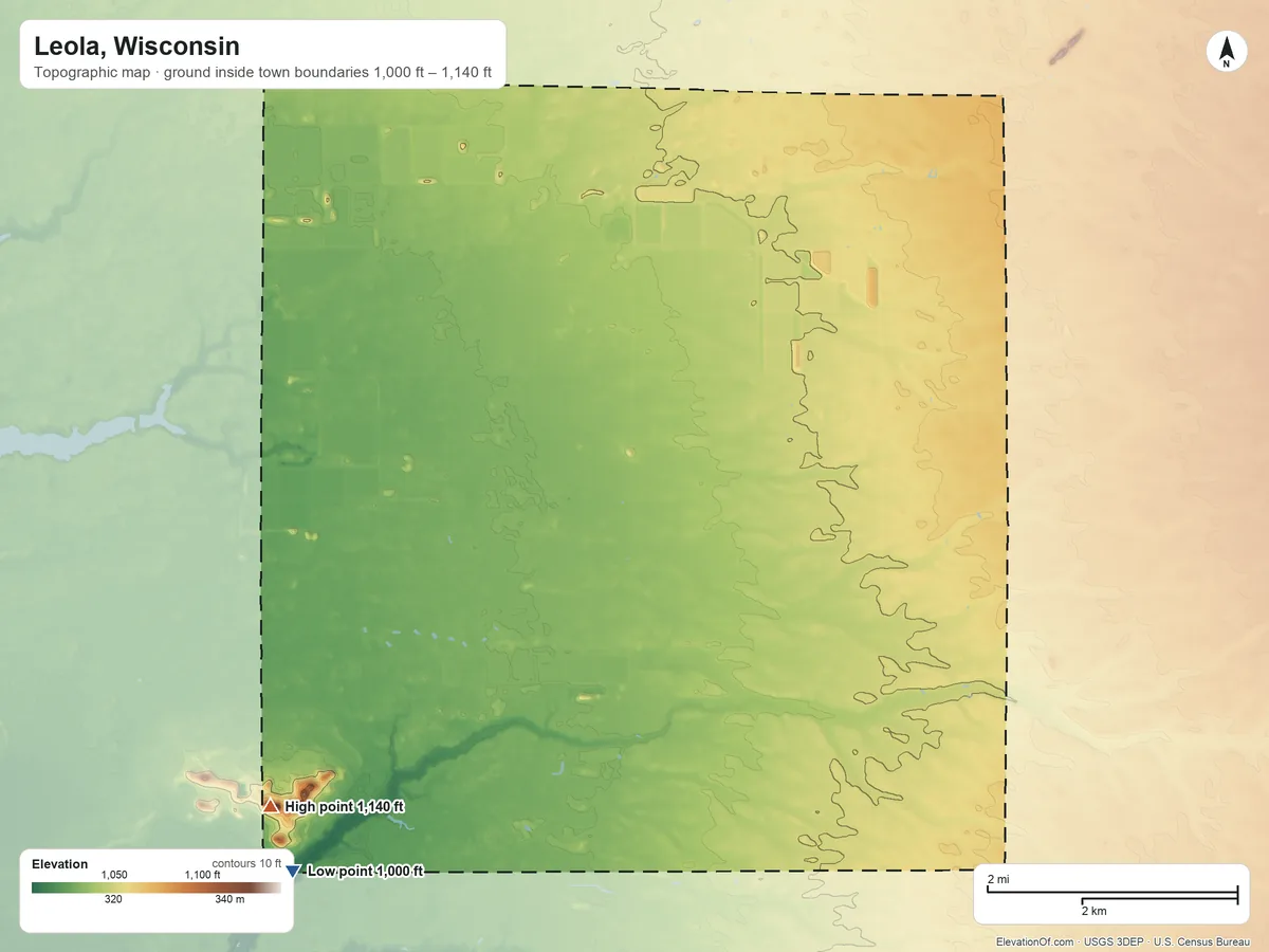Topographic elevation map of Leola, Wisconsin, shaded from 1,000 ft on the southwest side to 1,140 ft on the southwest side