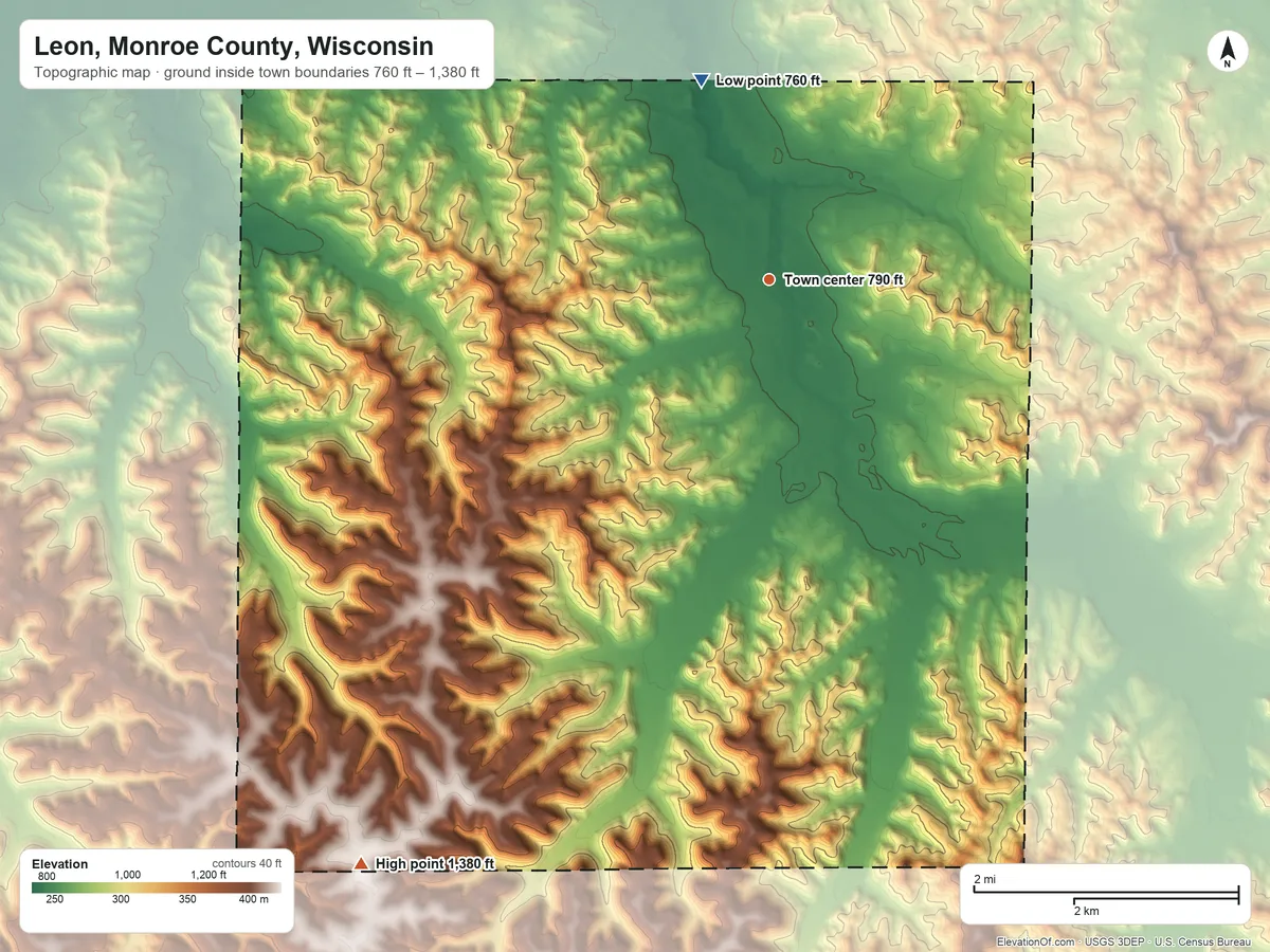 Topographic elevation map of Leon, Monroe County, Wisconsin, shaded from 760 ft on the north side to 1,380 ft on the southwest side