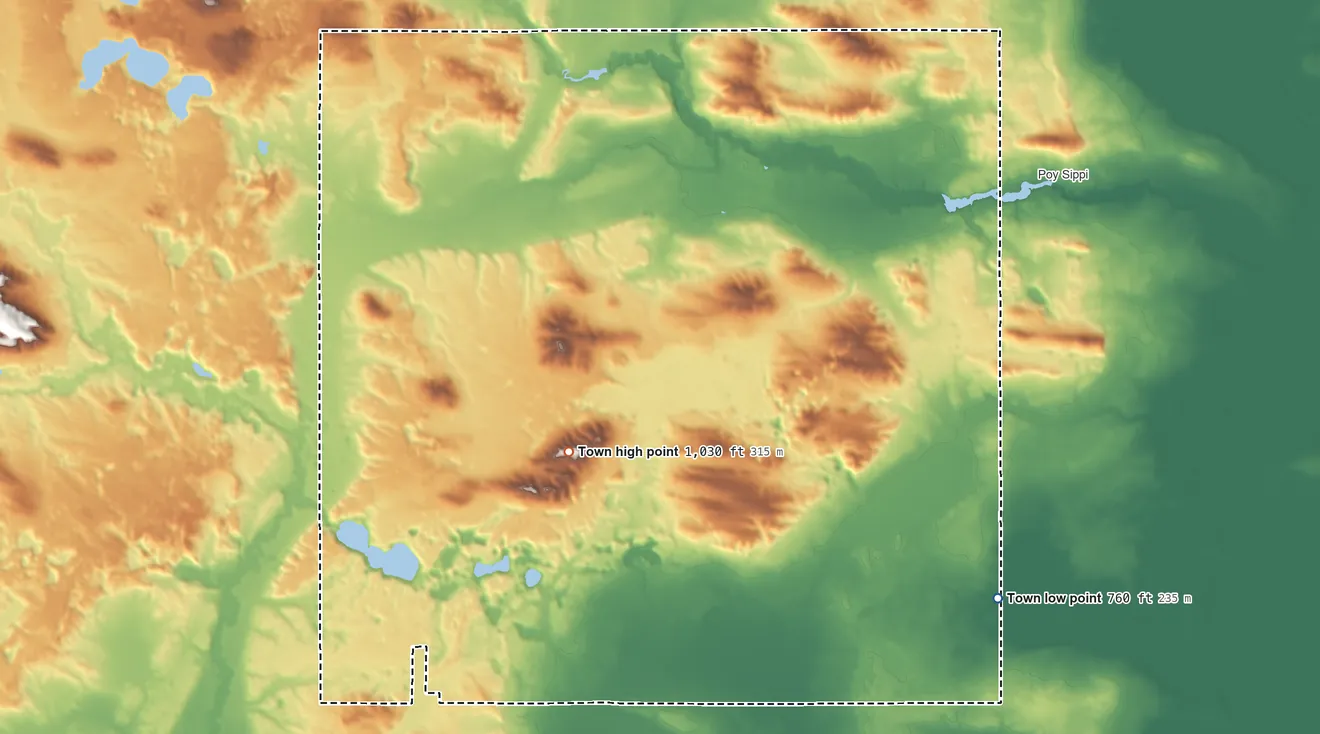 Topographic elevation map of Leon, Wisconsin, shaded from 760 ft on the southeast side to 1,030 ft on the southwest side