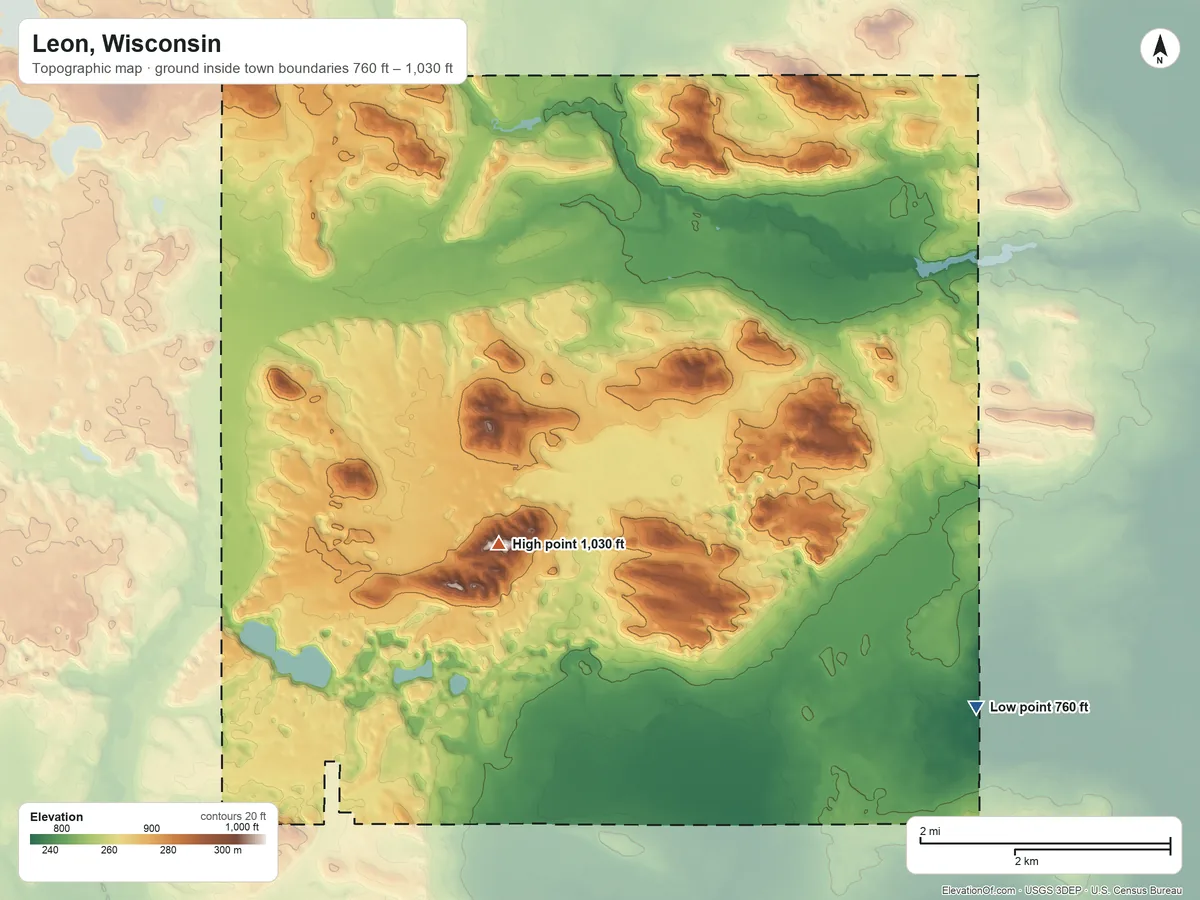 Topographic elevation map of Leon, Wisconsin, shaded from 760 ft on the southeast side to 1,030 ft on the southwest side