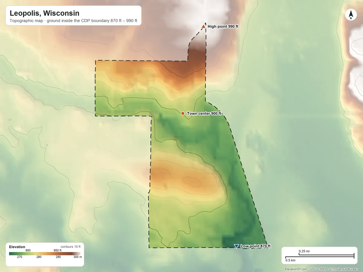 Topographic elevation map of Leopolis, Wisconsin, shaded from 870 ft on the south side to 990 ft on the north side