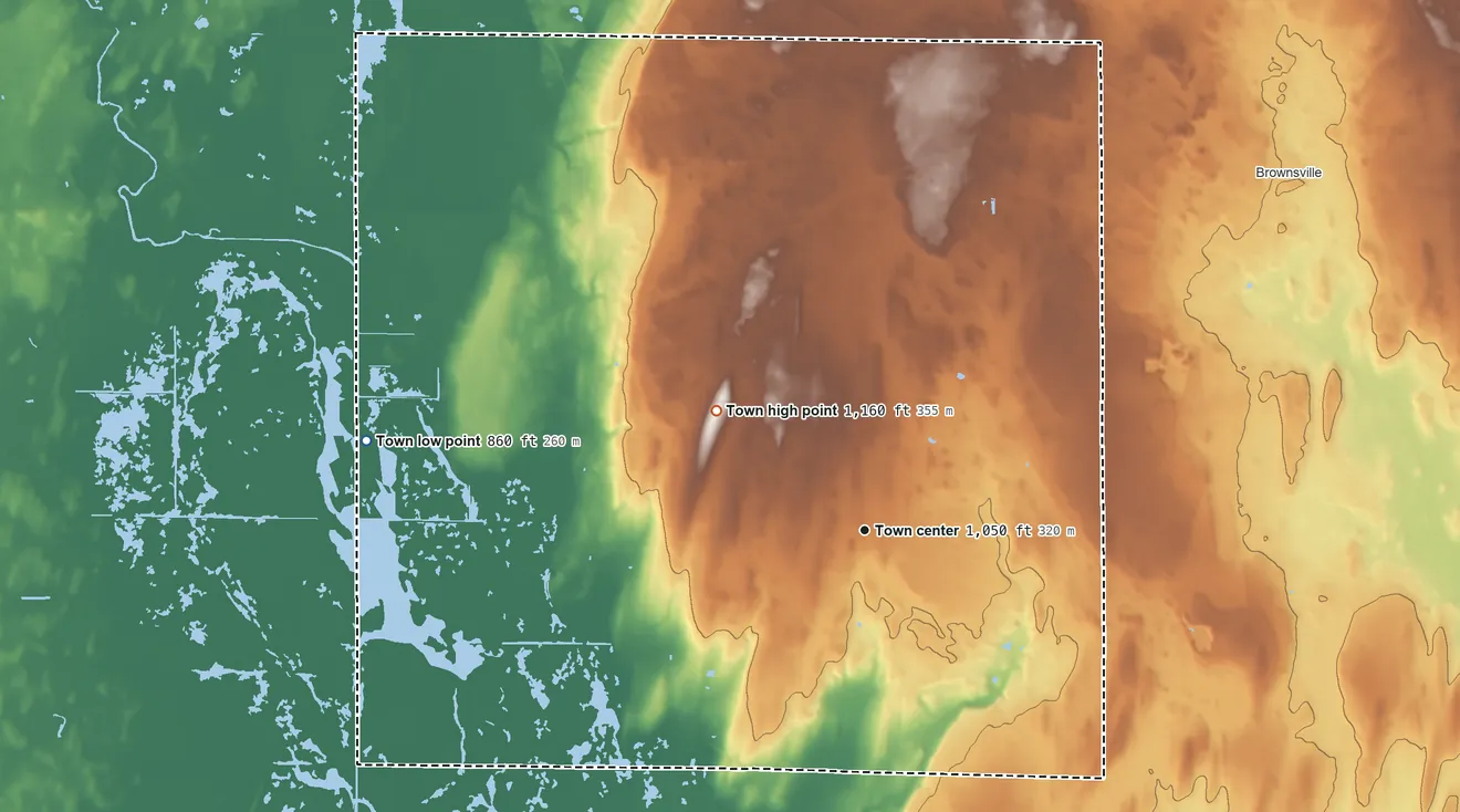 Topographic elevation map of Leroy, Wisconsin, shaded from 860 ft on the west side to 1,160 ft on the northwest side