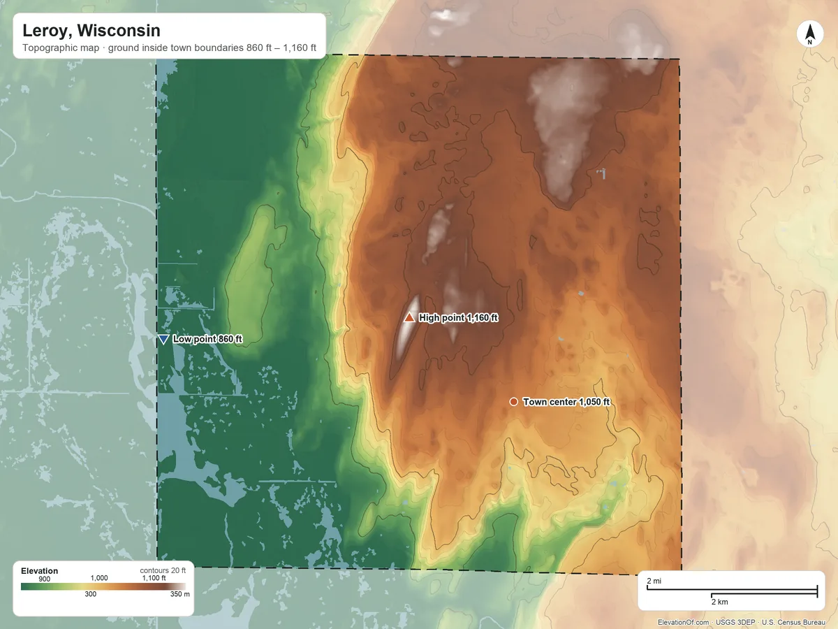 Topographic elevation map of Leroy, Wisconsin, shaded from 860 ft on the west side to 1,160 ft on the northwest side