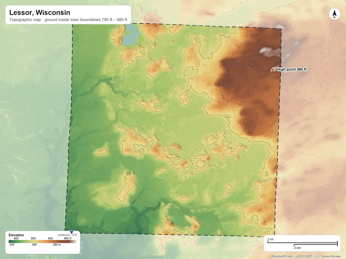 Topographic elevation map of Lessor, Wisconsin, shaded from 780 ft on the southwest side to 980 ft on the northeast side