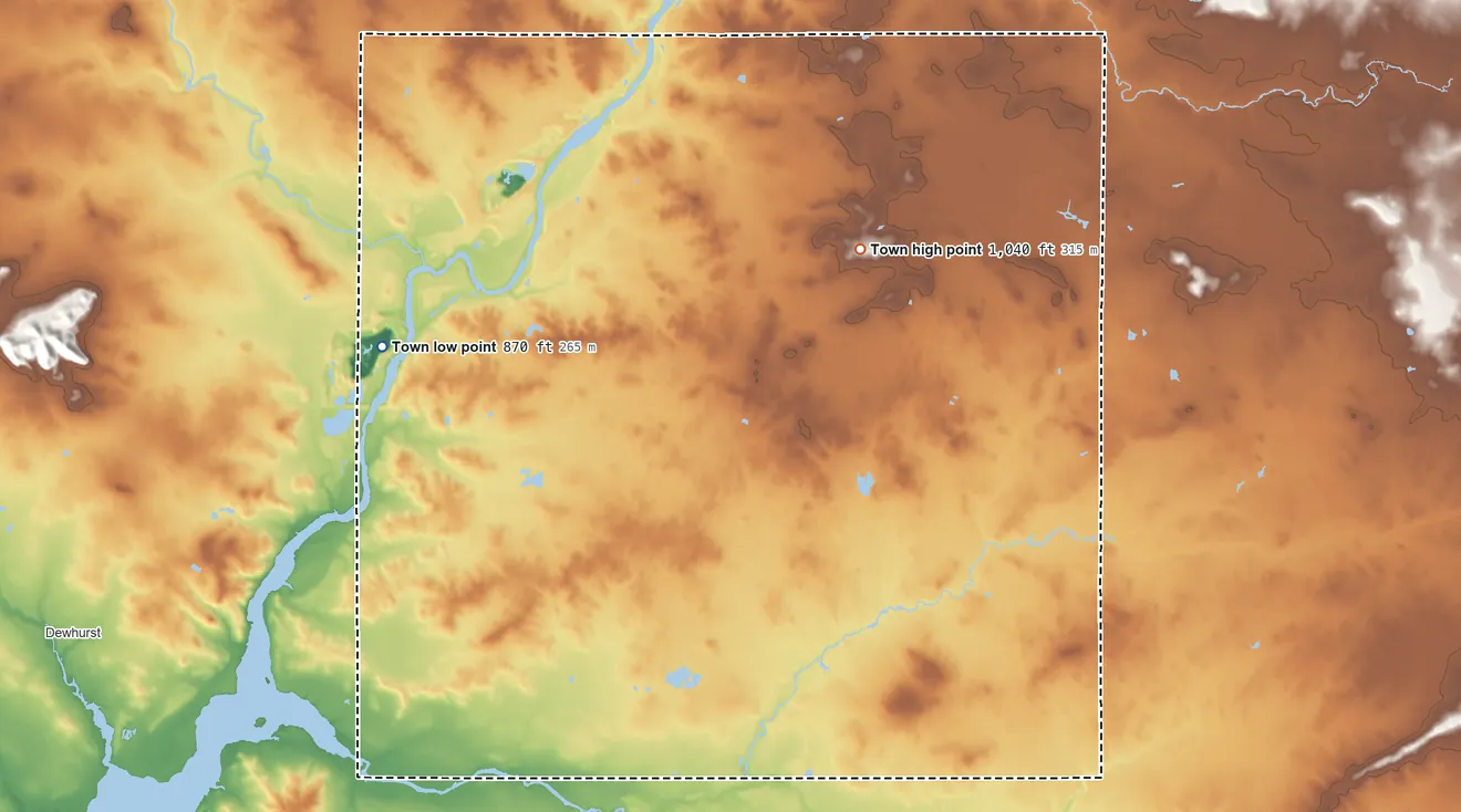 Topographic elevation map of Levis, Wisconsin, shaded from 870 ft on the west side to 1,040 ft on the northeast side