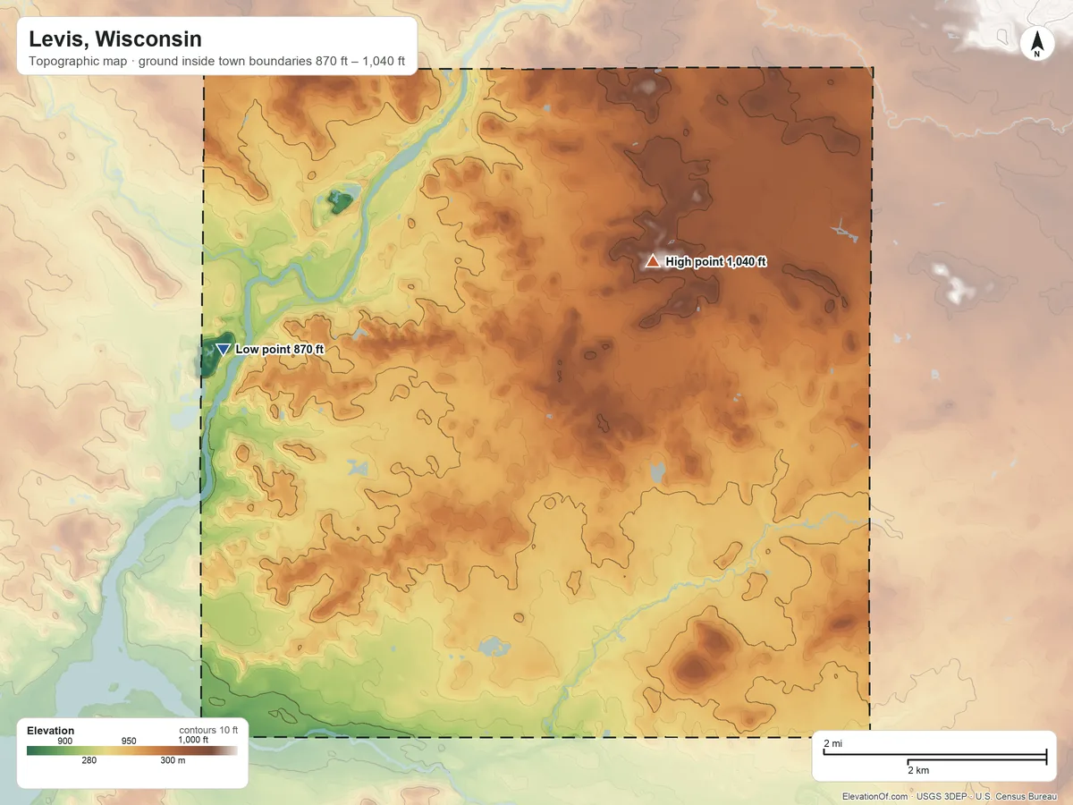 Topographic elevation map of Levis, Wisconsin, shaded from 870 ft on the west side to 1,040 ft on the northeast side