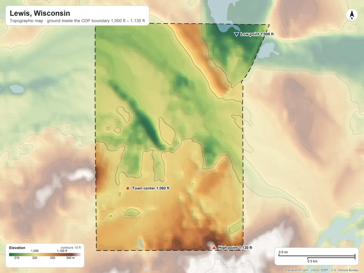 Topographic elevation map of Lewis, Wisconsin, shaded from 1,000 ft on the northeast side to 1,130 ft on the southeast side