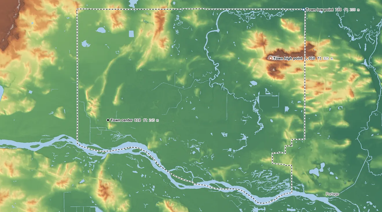 Topographic elevation map of Lewiston, Wisconsin, shaded from 780 ft on the northeast side to 1,060 ft on the east side