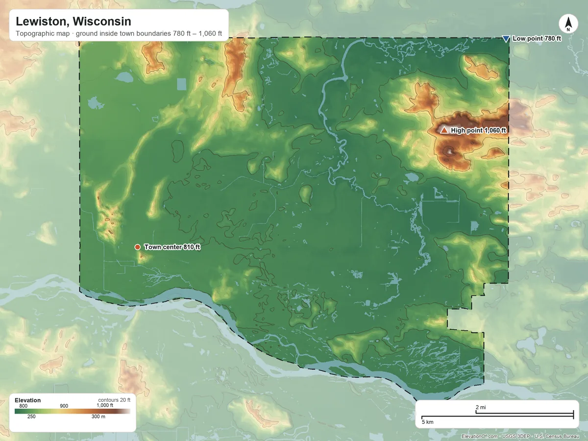 Topographic elevation map of Lewiston, Wisconsin, shaded from 780 ft on the northeast side to 1,060 ft on the east side