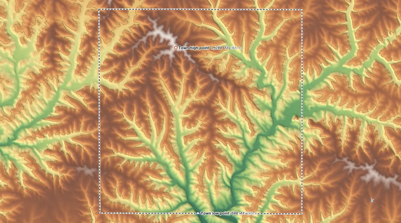 Topographic elevation map of Liberty, Grant County, Wisconsin, shaded from 800 ft on the south side to 1,200 ft on the north side
