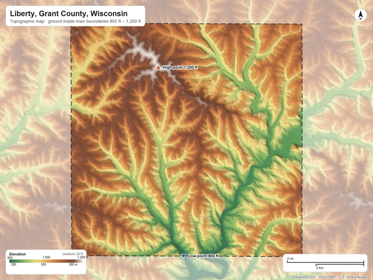 Topographic elevation map of Liberty, Grant County, Wisconsin, shaded from 800 ft on the south side to 1,200 ft on the north side