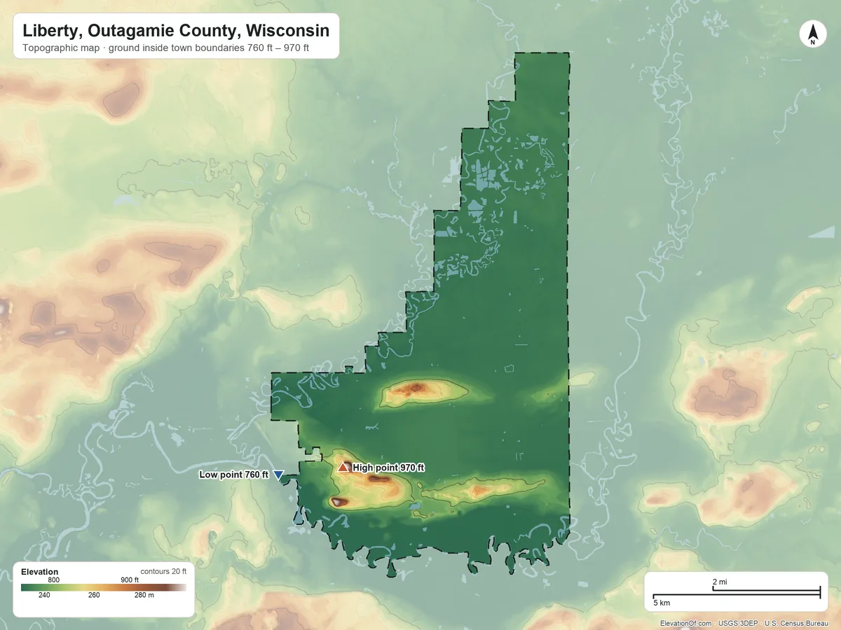 Topographic elevation map of Liberty, Outagamie County, Wisconsin, shaded from 760 ft on the west side to 970 ft on the southwest side