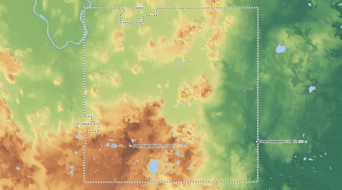 Topographic elevation map of Liberty, Wisconsin, shaded from 740 ft on the southeast side to 1,050 ft on the southwest side