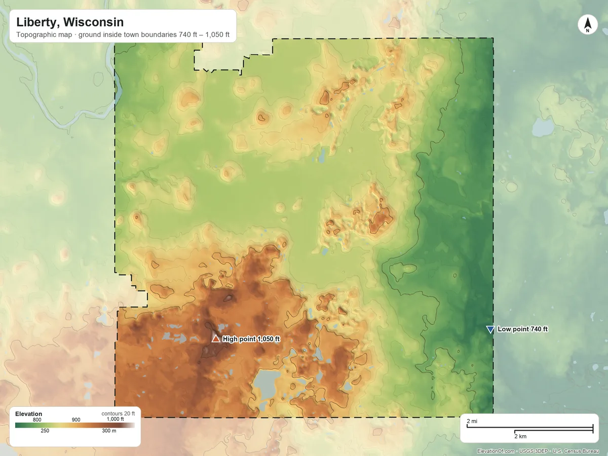 Topographic elevation map of Liberty, Wisconsin, shaded from 740 ft on the southeast side to 1,050 ft on the southwest side
