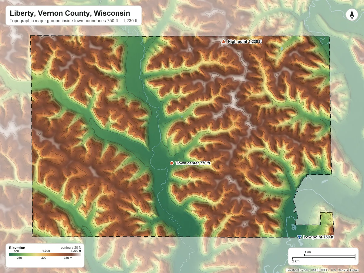 Topographic elevation map of Liberty, Vernon County, Wisconsin, shaded from 750 ft on the southeast side to 1,230 ft on the northeast side