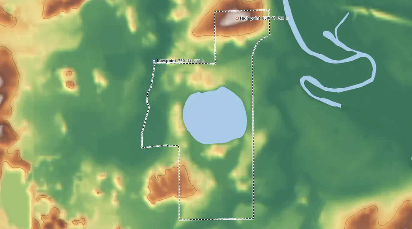 Topographic elevation map of Lily Lake, Wisconsin, shaded from 750 ft on the west side to 850 ft on the northeast side