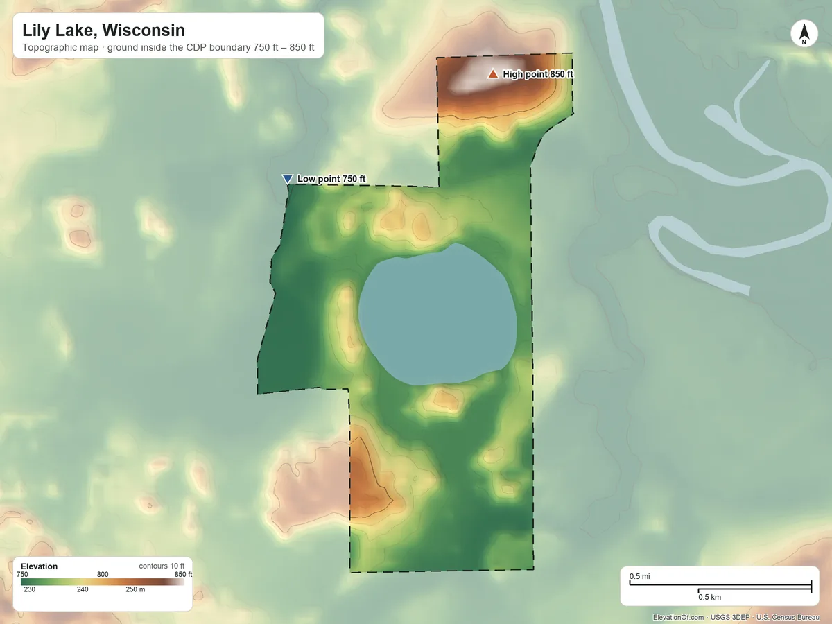 Topographic elevation map of Lily Lake, Wisconsin, shaded from 750 ft on the west side to 850 ft on the northeast side