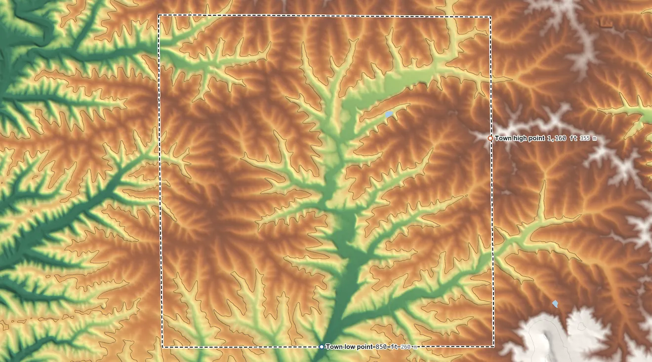 Topographic elevation map of Lima, Grant County, Wisconsin, shaded from 850 ft on the south side to 1,160 ft on the east side