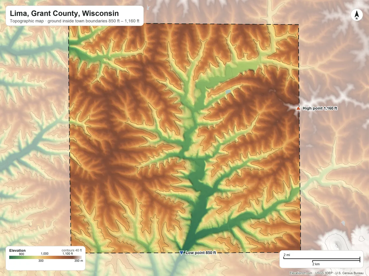 Topographic elevation map of Lima, Grant County, Wisconsin, shaded from 850 ft on the south side to 1,160 ft on the east side