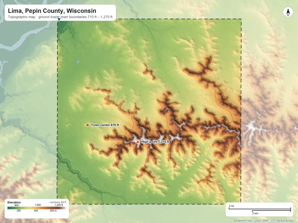 Topographic elevation map of Lima, Pepin County, Wisconsin, shaded from 710 ft on the north side to 1,270 ft on the east side