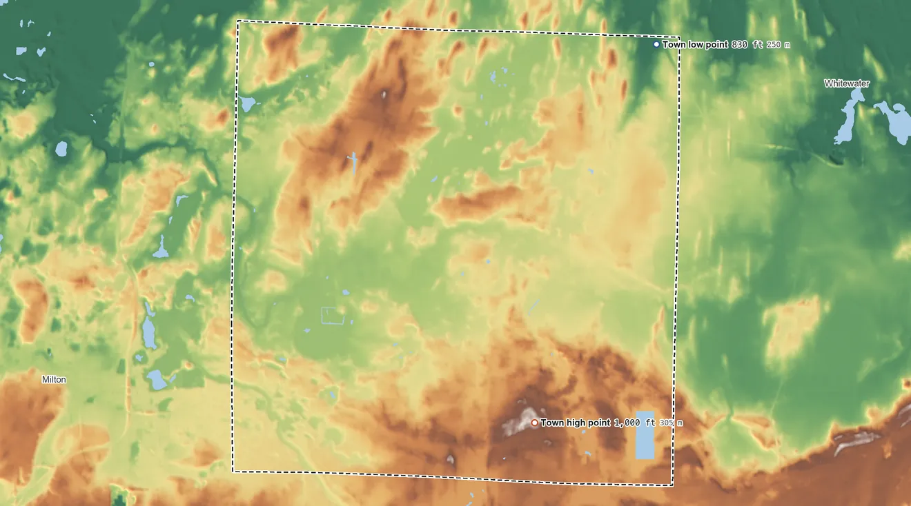 Topographic elevation map of Lima, Rock County, Wisconsin, shaded from 830 ft on the northeast side to 1,000 ft on the south side