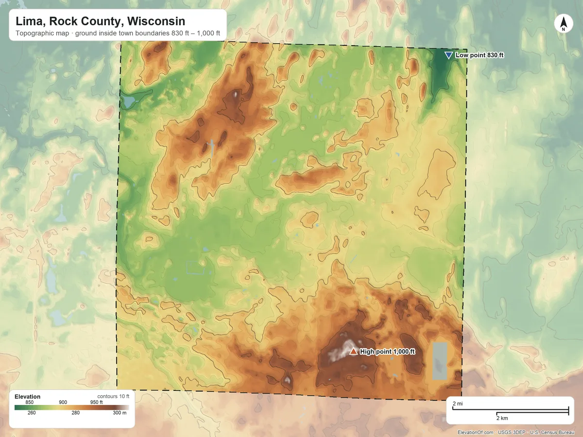 Topographic elevation map of Lima, Rock County, Wisconsin, shaded from 830 ft on the northeast side to 1,000 ft on the south side