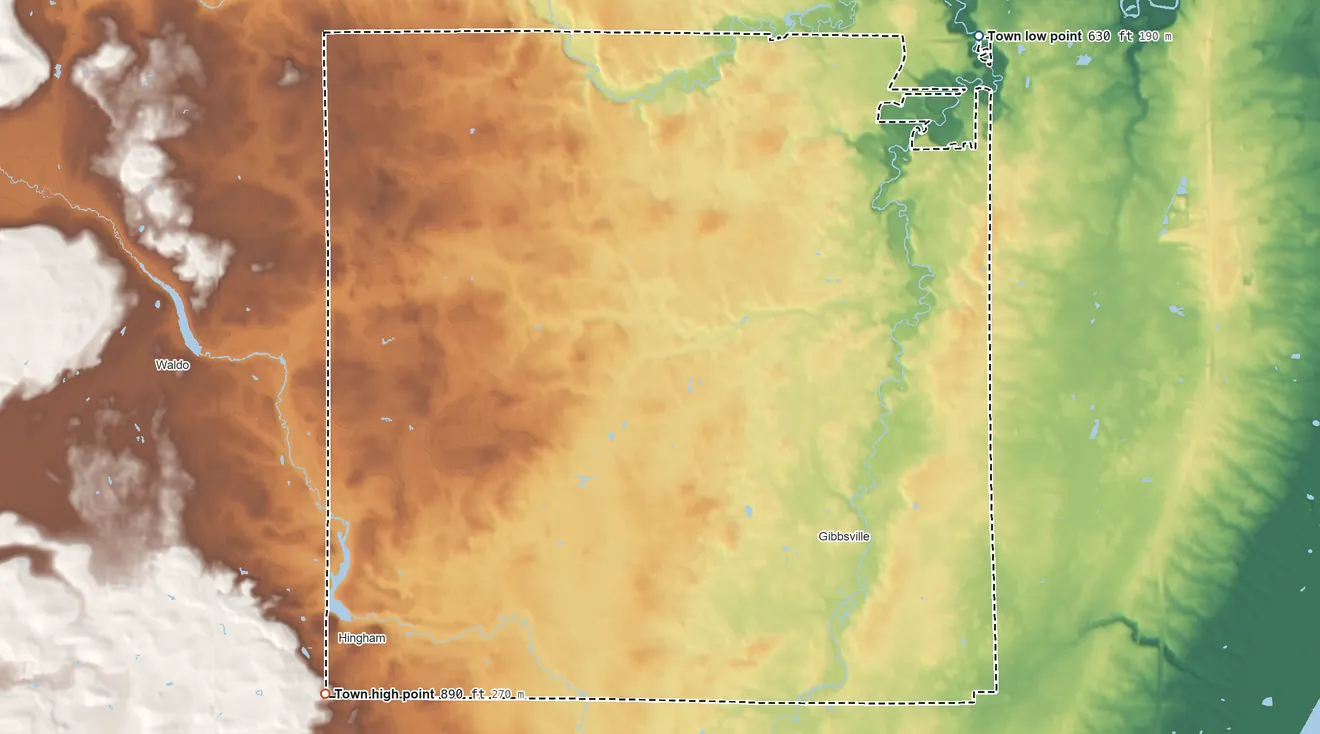 Topographic elevation map of Lima, Wisconsin, shaded from 630 ft on the northeast side to 890 ft on the southwest side
