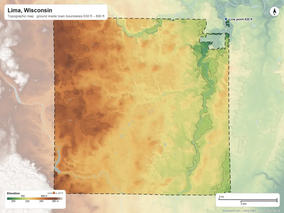 Topographic elevation map of Lima, Wisconsin, shaded from 630 ft on the northeast side to 890 ft on the southwest side