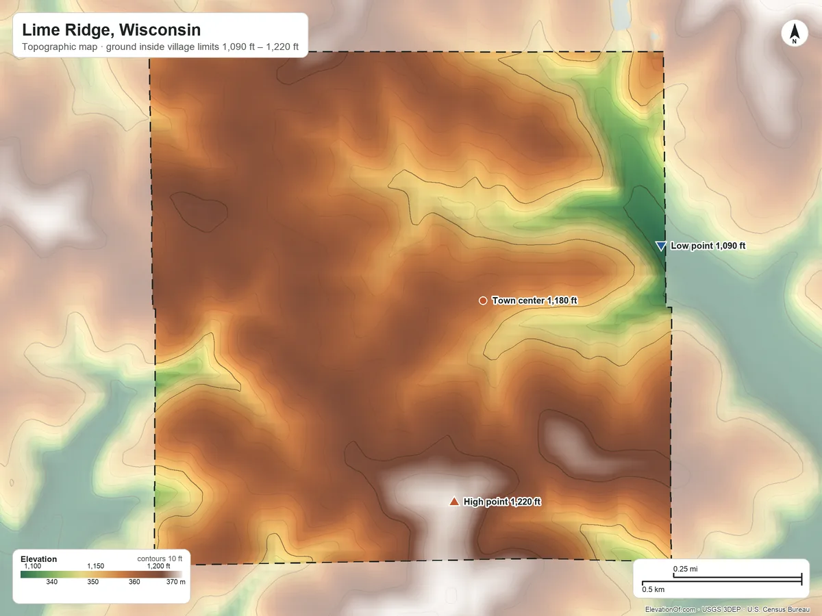 Topographic elevation map of Lime Ridge, Wisconsin, shaded from 1,090 ft on the east side to 1,220 ft on the south side
