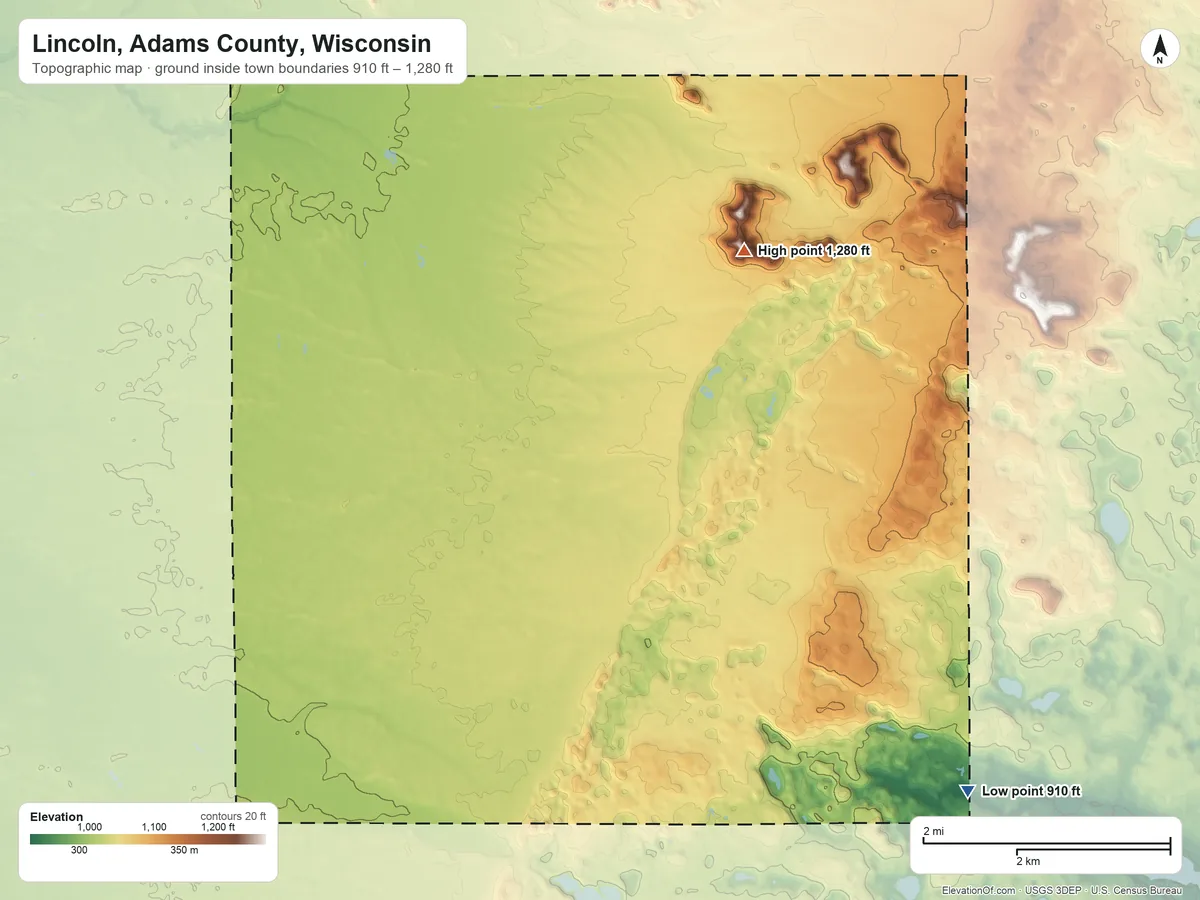 Topographic elevation map of Lincoln, Adams County, Wisconsin, shaded from 910 ft on the southeast side to 1,280 ft on the north side